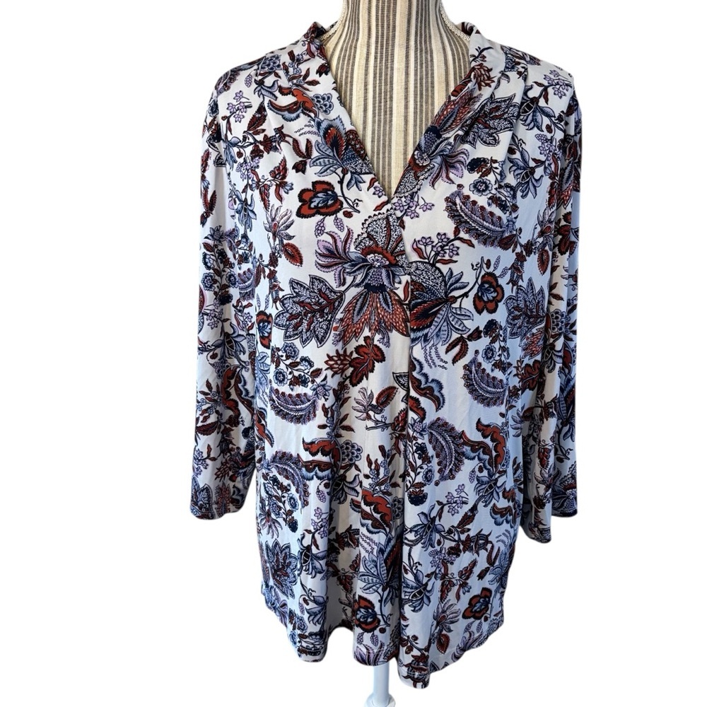 Liz Claiborne Tunic Top XL White Floral Blue Orange Long Sleeves Blouse Flowy